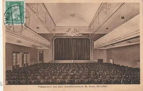 [Ansichtskarte] 8000 MÜNCHEN, Theatersaal im katholischen Gesellenverein St. Anna / Kolpinghaus, 1923. 