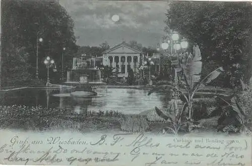 [Ansichtskarte] 6200 WIESBADEN, Kurhaus & Bowling Green, Mondscheinkarte 1898, Verlag Boogaart. 
