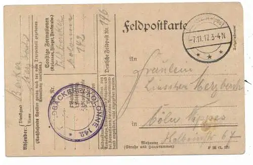 [Ansichtskarte] MILITÄR 1. Weltkrieg, Deutsche Feldpost "Feldbäckerei - Kolonne 142", 1917. 