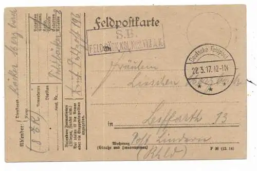 [Ansichtskarte] MILITÄR 1. Weltkrieg, Deutsche Feldpost "Feldbäckerei - Kolonne 2", 1917. 