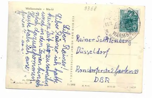 [Ansichtskarte] 0-9368 WOLKENSTEIN, Markt, Rathaus, HO...., Oldtimer, 1959, rücks. kl. Papiermangel. 