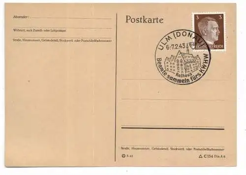 [Ansichtskarte] 7900 ULM, Postgeschichte, Sonderstempel "Beamte sammeln fürs KWHW", Abbildung: Rathaus, 1943. 