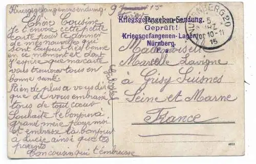 [Ansichtskarte] 8500 NÜRNBERG, Burg, Nordwestseite, , Kriegsgefangenen - Sendung, Kgf. - Lager Nürnberg, 1915, nach Frankreich. 