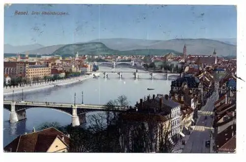 [Ansichtskarte] CH 4000 BASEL BS, Blick über die drei Rheinbrücken, 1910. 