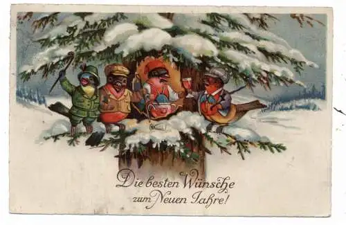 [Ansichtskarte] NEUJAHR - Bowle trinkende, feiernde Vögel auf einem verschneiten Baum. 