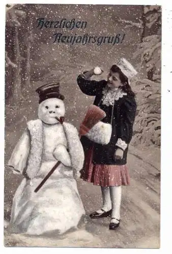 [Ansichtskarte] SCHNEEMANN / Snowman / Bonhomme de neige / Sneeuwpop, Schneemann mit Pfeife und Mädchen mit Schneeball, 1912. 