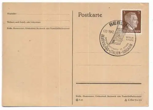 [Ansichtskarte] SPORT - BOXEN, Sonderstempel Dreiländerkampf Deutschland - Italien - Ungarn, Berlin 1942. 