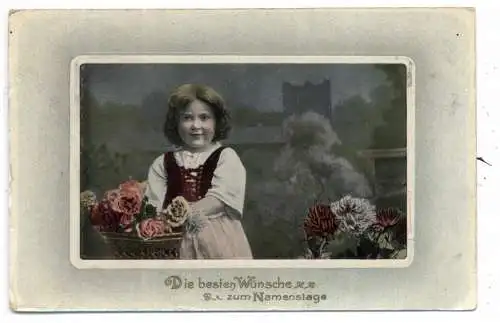 [Ansichtskarte] NAMENSTAG - Grußkarte, Mädchen mit Blumen, Bahnpost WIEN - SALZBURG, 1911. 