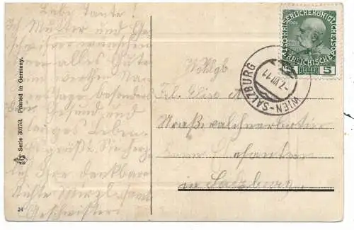 [Ansichtskarte] NAMENSTAG - Grußkarte, Mädchen mit Blumen, Bahnpost WIEN - SALZBURG, 1911. 