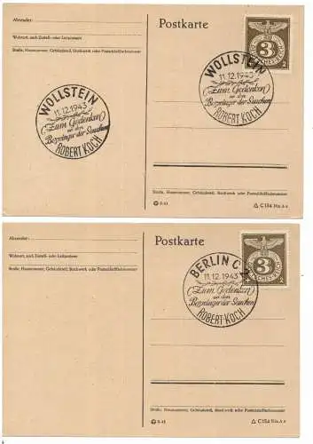 [Ansichtskarte] MEDIZIN - ROBERT KOCH, Sonderstempel Wollstein & Berlin, 1943. 