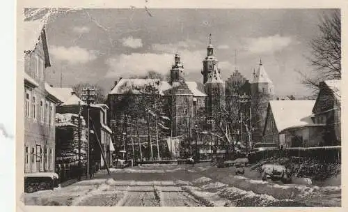 [Ansichtskarte] 0-6056 SCHLEUSINGEN, Partie vor dem Schloß im Schnee, Verlag Straub & Fischer. 