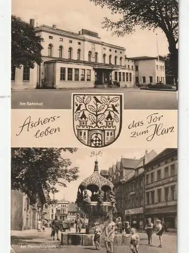 [Ansichtskarte] 0-4320 ASCHERSLEBEN, Bahnhof / Hennebrunnen, 1958. 