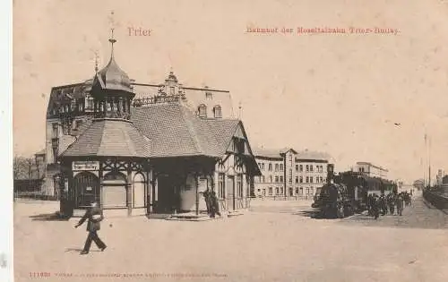 [Ansichtskarte] 5500 TRIER, Bahnhof der Moseltalbahn mit einfahrendem Zug, 1906, Schaar & Dathe. 