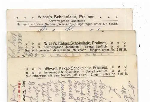 [Ansichtskarte] 5000 KÖLN, Wiese's Schokolade / Kakao / Pralines, 3 Werbekarten Rheinansichten in unterschiedlicher Gestaltung, 1924 / 25. 