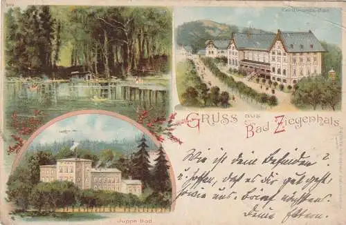 [Ansichtskarte] OBER - SCHLESIEN - ZIEGENHALS / GLUCHOLAZY (Oppeln), Lithographie 1899, Ferdinands-Bad, Juppe Bad, nach Hultschin befördert. 