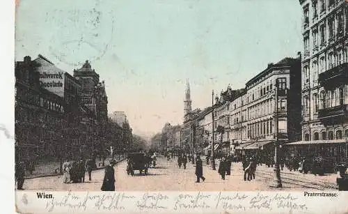 [Ansichtskarte] A 1200 WIEN - LEOPOLDSTADT, Praterstrasse, belebte Szene, Stollwerck - Werbung, 1906, Verlag Grünspann. 
