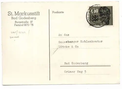 [Ansichtskarte] 5300 BON - BAD GODESBERG, St. Markusstift, betrifft Zollerlaubnis für öl, 1959. 