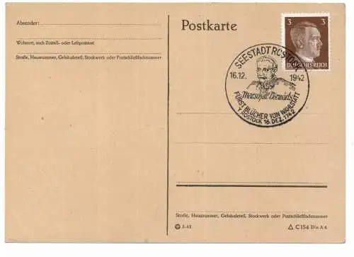 [Ansichtskarte] 0-2500 ROSTOCK, Postgeschichte, Sonderstempel Fürst Blücher von Wahlstatt, 1942. 