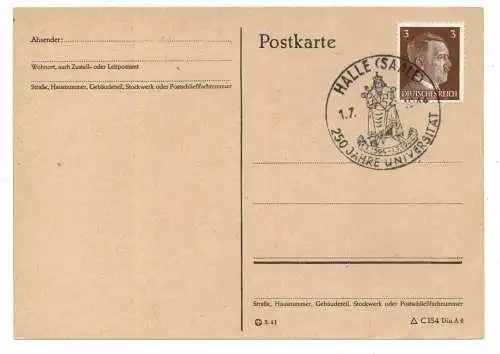 [Ansichtskarte] 0-4000 HALLE / Saale, Postgeschichte, Sonderstempel 250 Jahre Universität, 1944. 