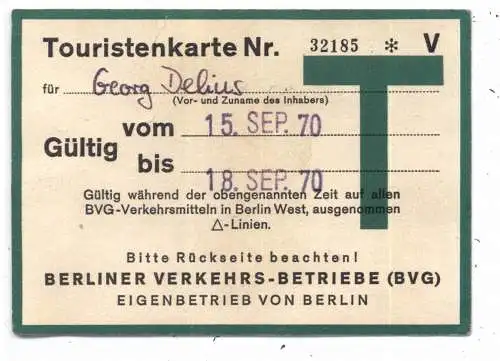 [Ansichtskarte] 1000 BERLIN, Touristenkarte Berliner Verkehrs Betriebe 1970. 