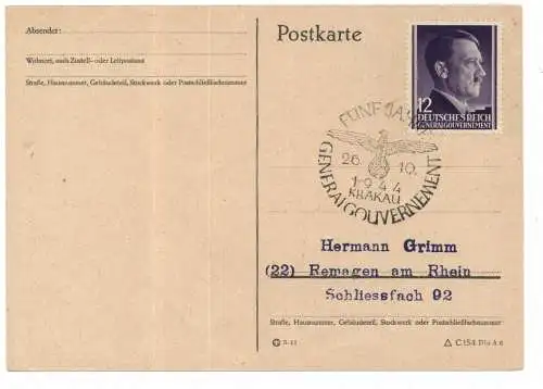 [Ansichtskarte] PL 30-001 KRAKAU / KRAKOW, Postgeschichte, Sonderstempel "Fünf Jahre Generalgouvernement", 1944. 
