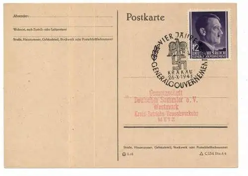[Ansichtskarte] PL 30-001 KRAKAU / KRAKOW, Postgeschichte, Sonderstempel "Vier Jahre Generalgouvernement", 1943. 
