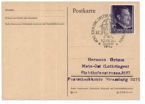 [Ansichtskarte] PL 30-001 KRAKAU / KRAKOW, Postgeschichte, Sonderstempel "400. Todestag des Deutschen Astronomen", 1943. 