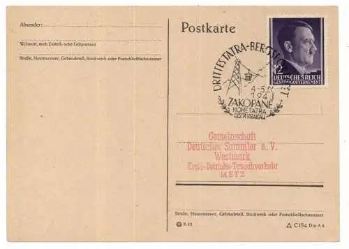 [Ansichtskarte] PL 34-500 ZAKOPANE Postgeschichte, Sonderstempel "Drittes Tatra Bergsportfest", 1943. 