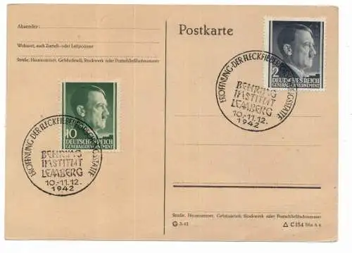 [Ansichtskarte] UKRAINE - LEMBERG,  Postgeschichte, Sonderstempel "Behring Institut Lemberg, Eröffnung der Fleckfieber Forschungsstelle, 1942. 
