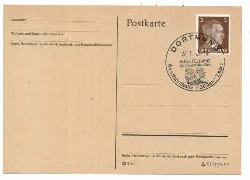 [Ansichtskarte] 4600 DORTMUND,  Postgeschichte, Sonderstempel "Ausstellung - Das Sowjet - Paradies, Westfalenhalle" 1943. 