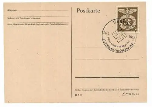 [Ansichtskarte] 1000 BERLIN,  Postgeschichte, Sonderstempel "10 Jahre Machtübernahme" 1943. 