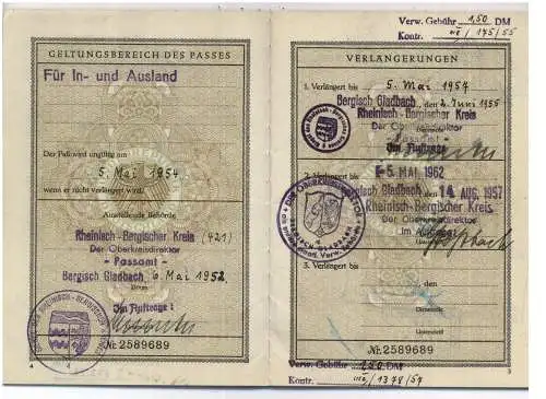 REISEPASS DEUTSCHLAND 1952 komplett in guter Erhaltung
