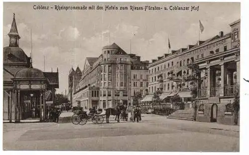 [Ansichtskarte] 5400 KOBLENZ, Rheinpromenade, Hotels zum Riesen - Fürsten & Coblnzer Hof, Droschke, Verlag Stengel. 