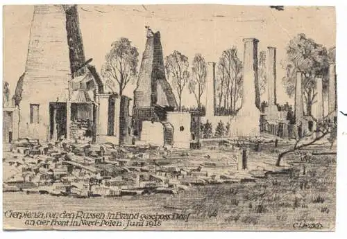 [Ansichtskarte] NORD - POLEN 1. Weltkrieg, ein von den Russen in Brand gechossenes Dorf an der Front in Nord - Polen, Juni 1915, deutsche Feldpost Bayerisches Armierungsbataillon, Druckstelle. 