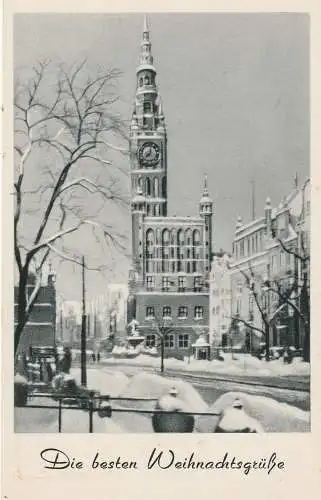 [Ansichtskarte] DANZIG, Weihnachtskarte, Langer Markt, Artushof, Rathaus im Schnee. 