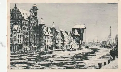 [Ansichtskarte] DANZIG, Lange Brücke im Schnee, Künstler-Karte Hellingrath. 
