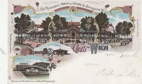 [Ansichtskarte] A 1130 WIEN - SCHÖNBRUNN, Cafe / Restaurant Meierei zur Gloriette, Kirmes, Schloß Schönbrunn, Lithographie 1899, an Graf Platen nach Meran befördert. 