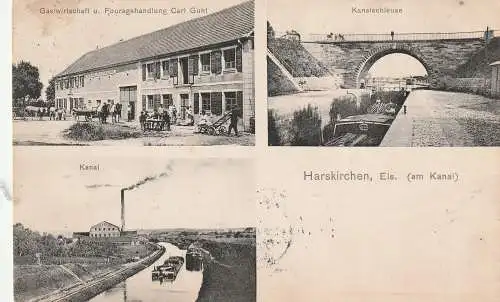 [Ansichtskarte] F 67260 HARSKIRCHEN, Gastwirtschaft Guhl, Kanal und Fabrik, Kanalschleuse - Binnenschiffe, 1912. 