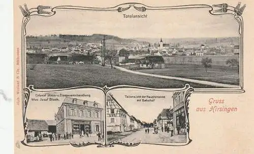 [Ansichtskarte] F 68560 HIRSINGEN / HIRSINGUE, Colonialwaren Bloch, Hauptstrasse / Bahnhof, Gesamtansicht, ca. 1905. 