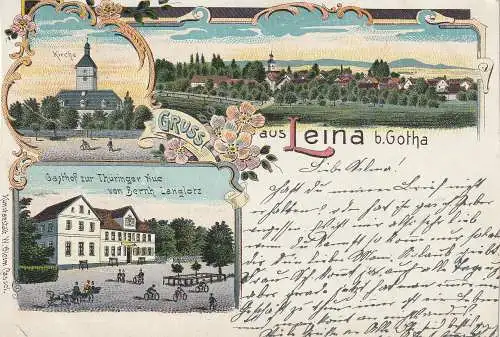 [Ansichtskarte] 0-5805 GEORGENTHAL - LEINA, Lithographie 1903, Gasthof zur Thüringer Aue, Kirche, Dorfansicht, an zwei Seiten leicht beschnitten. 