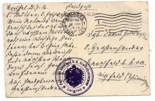[Ansichtskarte] B 8000 BRUGGE, Gent poort, Deutsche Feldpost 1916 "Politische Abteilung beim deutschen Generalgouverneur Belgien", kleine Abteilung mit max. 100 Mitarbeitern. 