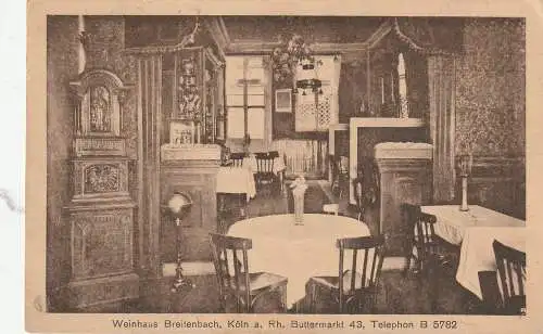 [Ansichtskarte] 5000 KÖLN, Weinhaus Breitenbach, Buttermarkt, Innenansicht 1921. 