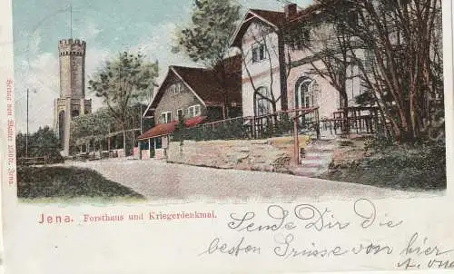 [Ansichtskarte] 0-6900 JENA, Forsthaus und Kriegerdenkmal, Bahnpost Crossen - Jena, 1906. 