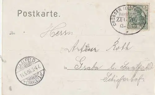 [Ansichtskarte] 0-6900 JENA, Forsthaus und Kriegerdenkmal, Bahnpost Crossen - Jena, 1906. 