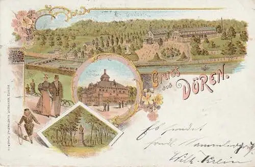 [Ansichtskarte] 5160 DÜREN, Lithographie 1898, Städt. Volksbad, Stadtpark, Kaiser - Dnkmal. 