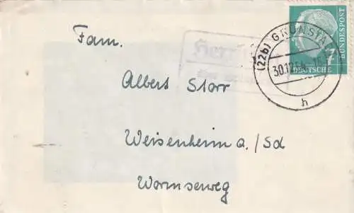 [Ansichtskarte] 6718 GRÜNSTADT, Postgeschichte, Landpoststempel "HERXHEIM über Grünstadt", 1954, Brief mit Inhalt. 