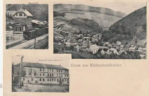 [Ansichtskarte] 0-6086 KLEINSCHMALKALDEN, Gruss aus.., Bahnhof, Gasthof zum Löwen, Gesamtansicht. 