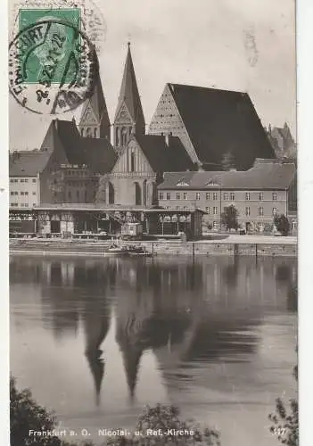 [Ansichtskarte] 0-1200 FRANKFURT / Oder, Hafen, Binnenschiff beim Beladen, Nicolai- und Reformierte Kirche, 1929, GLOBUS - Tauschkarte. 