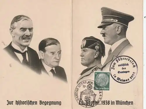 [Ansichtskarte] GESCHICHTE - Treffen Chamberlain / Daladier / Mussolini / Hitler 1938, Doppelkarte, Top-Erhaltung, Sonderstempel Gautag Weimar. 