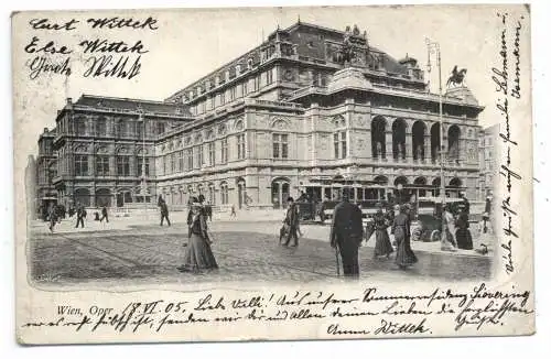 [Ansichtskarte] A 1000 OPER, Oper, belebte Szene, Tram, Taxi, 1905, nach Hultschin befördert. 